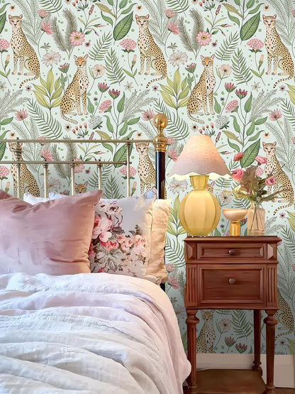 Floralplus Peel and Stick Wallpaper Leopard Jungle Removable Wallpaper for Bathroom Renter Friendly Wallpapers Self Adhesive Animal Floral Contact Paper for Accent Wall 17.5 x 118 in