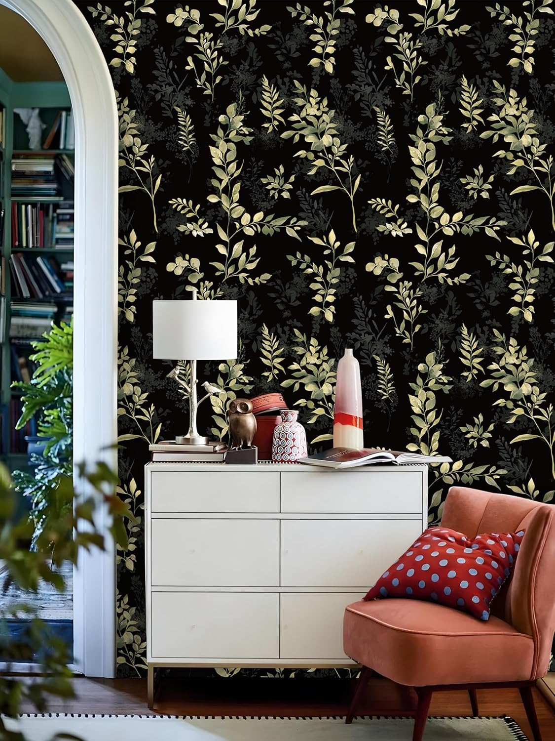 Floralplus Peel and Stick Wallpaper Boho Leaf Removable Wallpaper for Bathroom Renter Leaf Contact Paper for Locker Shelf Liner Vinyl Adhesive Wallpapers Wall Mural Decor 17.5 in x 118 in