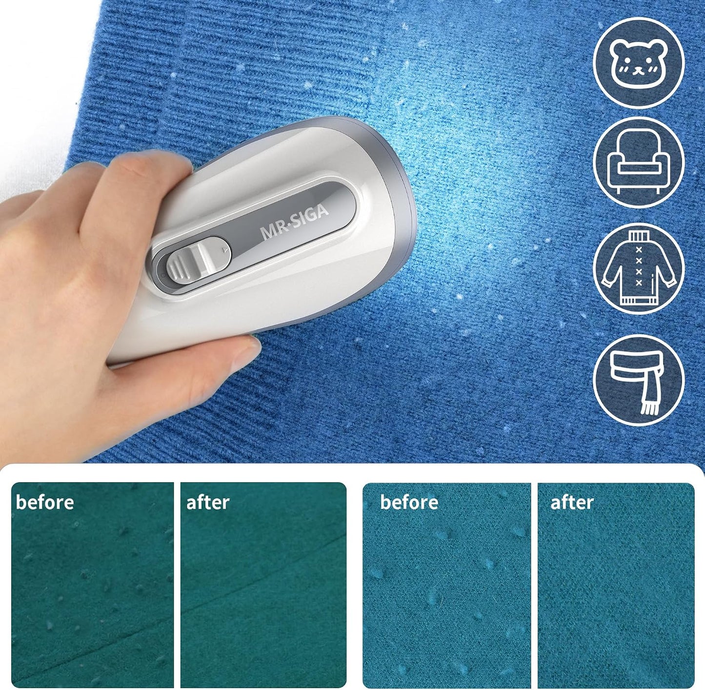 MR.SIGA Fabric Shaver and Lint Remover, Battery Operated Portable Lint Shaver with LED Lights, 2 Replaceable 6-Leaf Blades, Cream/Gray
