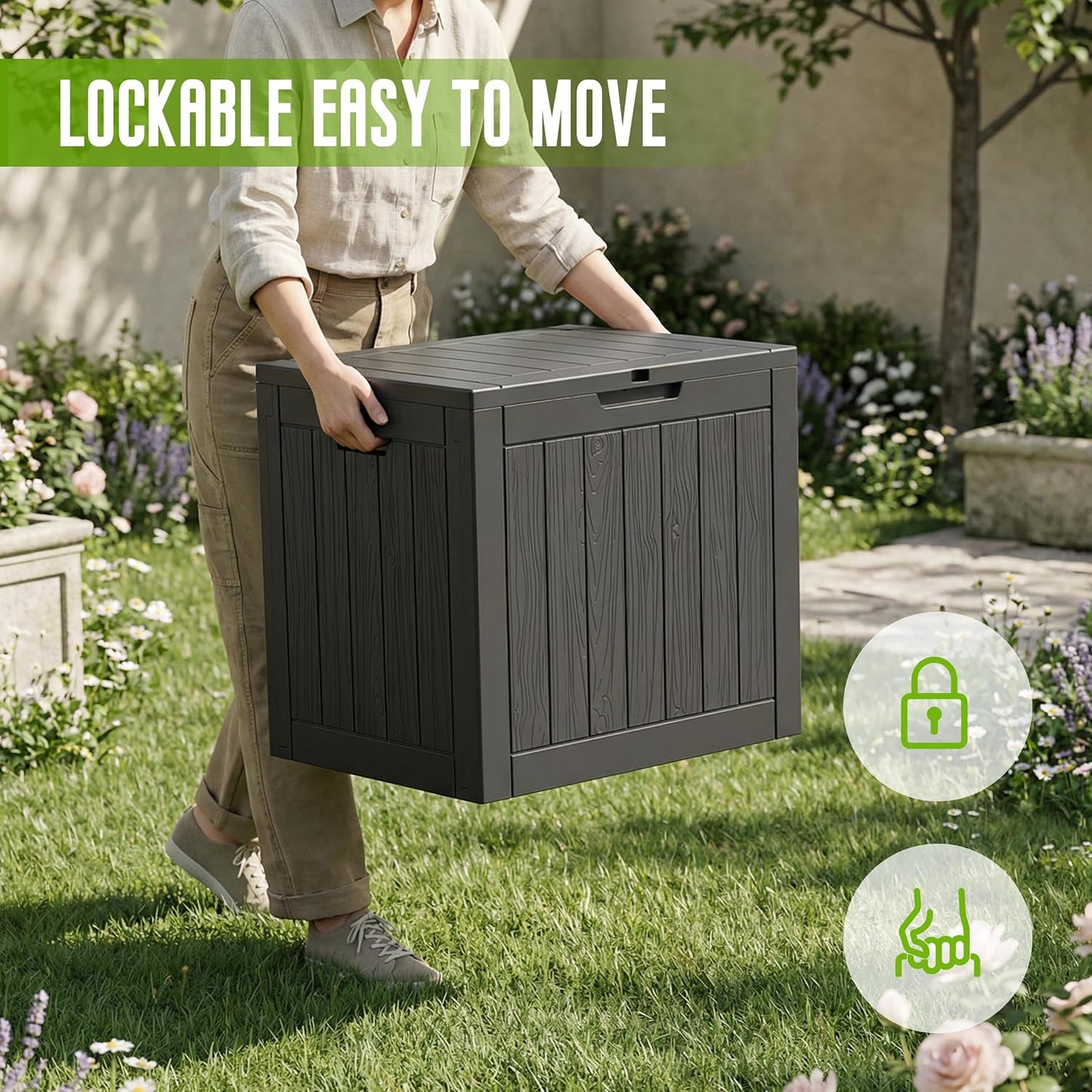 DRATO 35 Gallon Outdoor Storage Box Waterproof, Resin Small Deck Box for Patio Furniture Bench, Pool Garden Tools, Weatherproof Outside Storage Bin for Backyard Porch (Black, 35 Gallon)