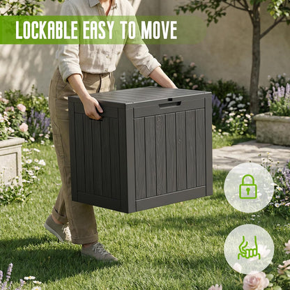 DRATO 35 Gallon Outdoor Storage Box Waterproof, Resin Small Deck Box for Patio Furniture Bench, Pool Garden Tools, Weatherproof Outside Storage Bin for Backyard Porch (Black, 35 Gallon)
