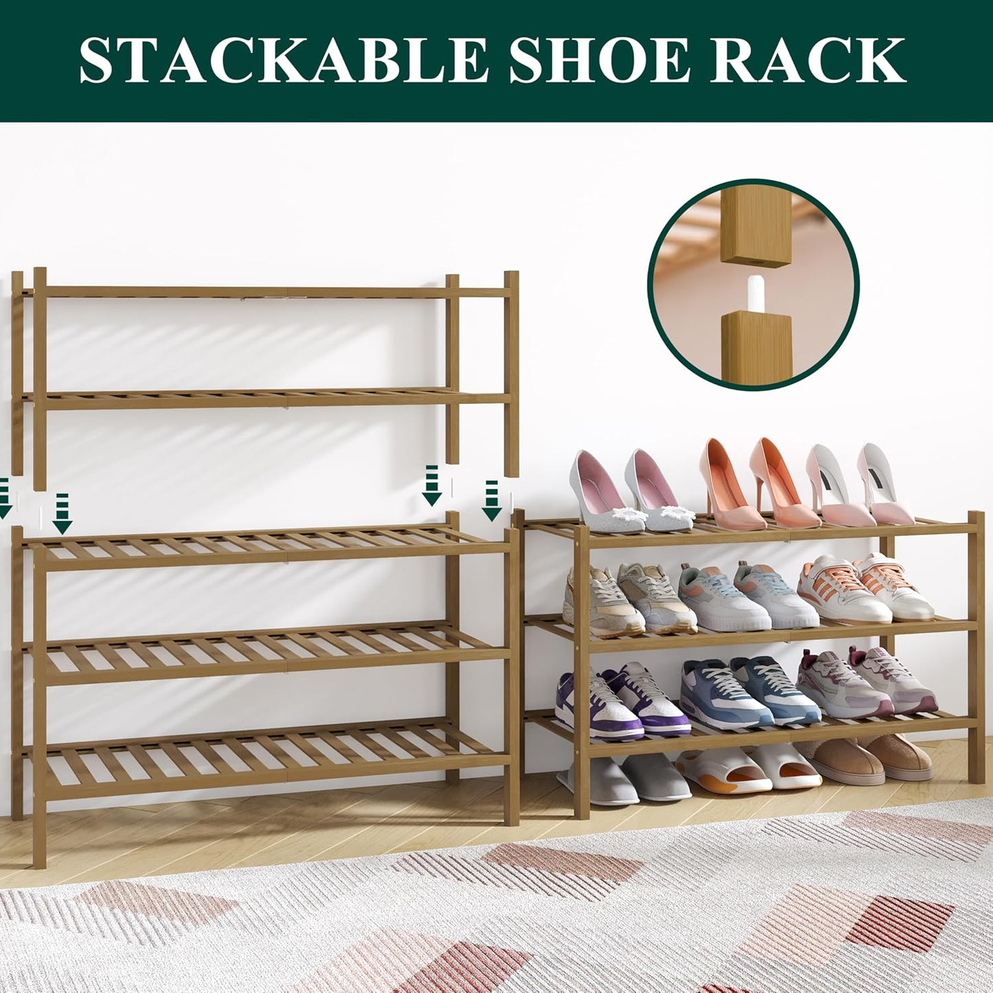 Smiry Bamboo Shoe Rack for Closet, 3 Tier Wooden Shoe Organizer, Stackable Wood Shoe Storage Shelf for Entryway, 14 Vertical Slats, One-piece Heavy-Duty Legs, 26.77"x11.02"x18.31", Natural
