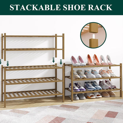 Smiry Bamboo Shoe Rack for Closet, 3 Tier Wooden Shoe Organizer, Stackable Wood Shoe Storage Shelf for Entryway, 14 Vertical Slats, One-piece Heavy-Duty Legs, 26.77"x11.02"x18.31", Natural