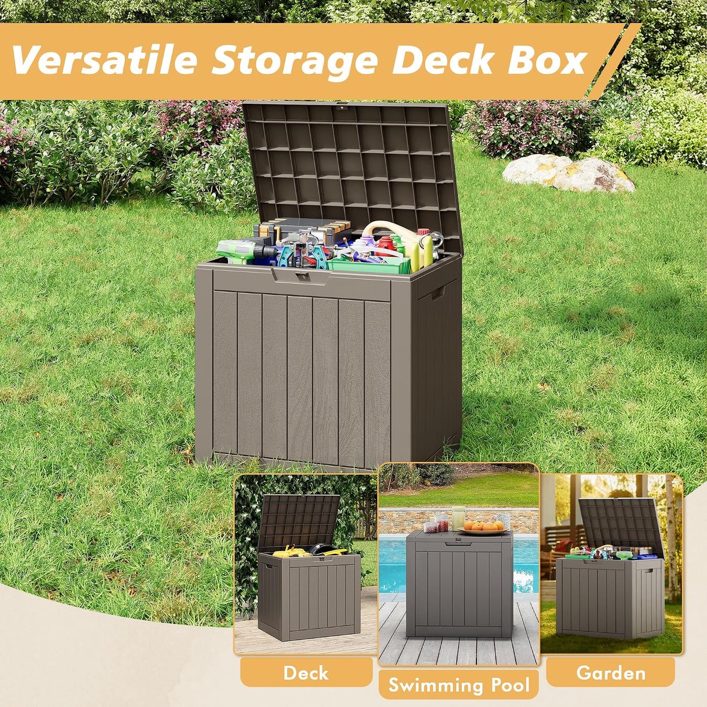Fancyango 75 Gallon Outdoor Deck Box Waterproof, Large Storage Box for Patio, Resin Storage Bench Lockable for Garden Tools, Package Delivery, Black
