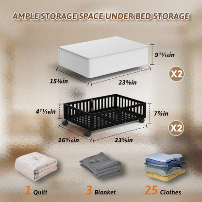 Bamboo Under Bed Storage Containers with Wheels, 2 Pack Under the Bed Shoe Storage Bins, Wood Rolling Underbed Drawers with Bag Organizer for Bedroom, Sheets Clothes Blanket Comforter, Under Crib Toy