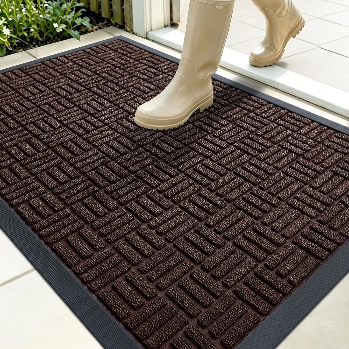 OLANLY Front Door Mat Outside Entrance 29.5x17, Absorbent, Heavy Duty Sturdy Natural Rubber Doormat Indoor Outdoor, Stain and Fade Resistant, Non-Slip Backing Low Profile Floor Mat for Entryway, Grey