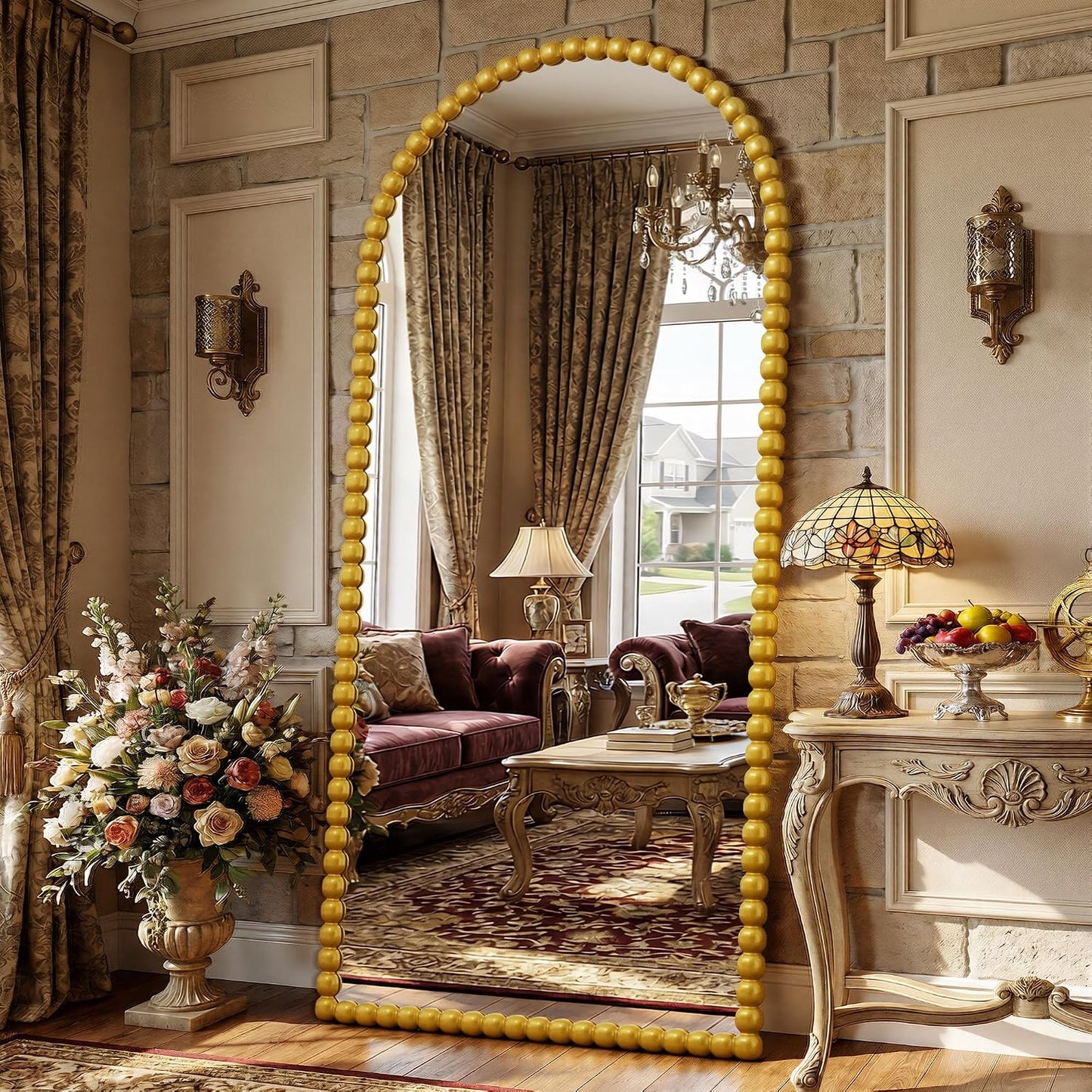 Antok 58" x 21" Arched Full Length Mirror, Antique Beaded Frame Floor Standing or Wall Mounted Mirror with Stand for Bedroom, Entryway, Brown, Luxury Style