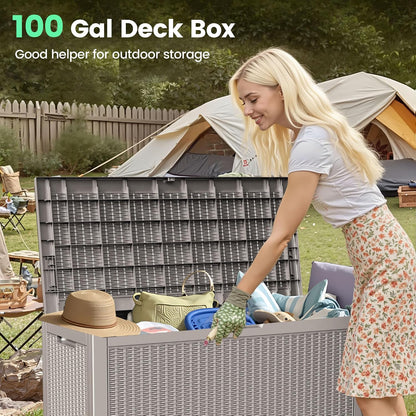100 Gallon Storage Box, Waterproof Resin Deck Box with Hydraulic Piston Design, Lockable Storage Bench for Package Delivery, Storage Bin for Patio Cushions, Garden Tools, Black