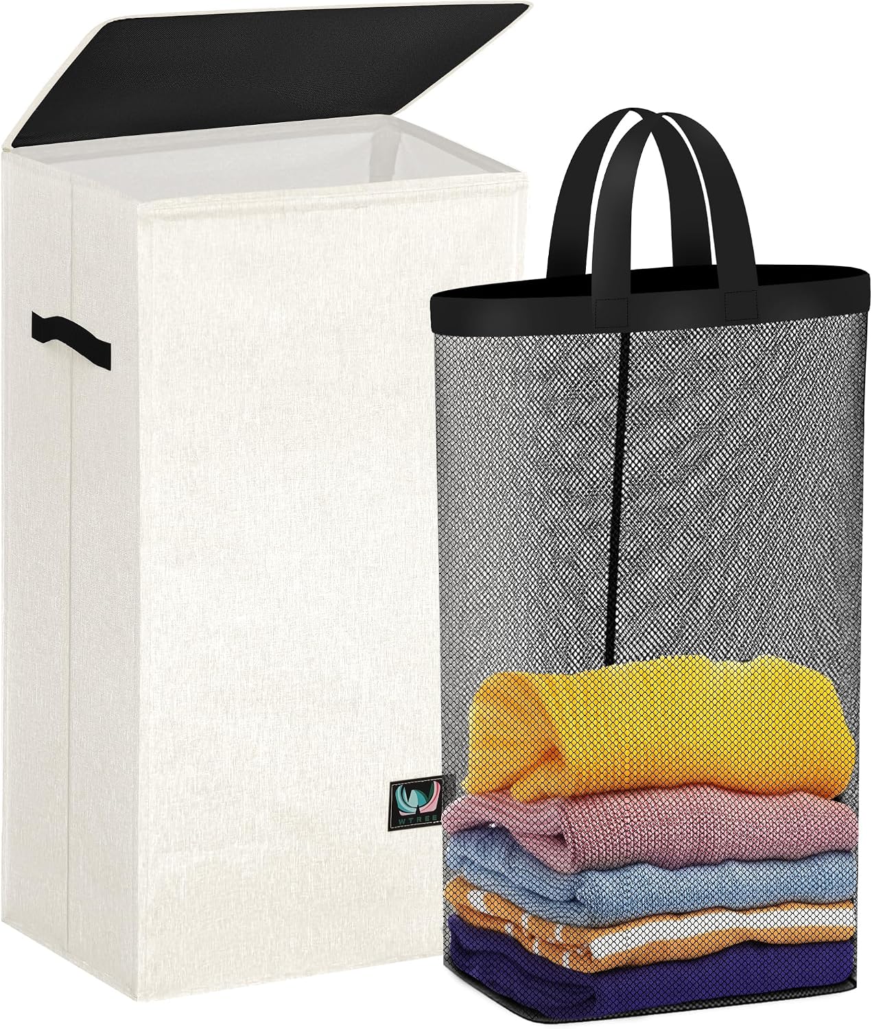 WTREE Laundry Hamper with Lid, Reinforced Sturdy Clothes Hamper with Anti-Puncture Base, Large Collapsible Laundry Basket with Removable Liner Bag, Tall Dirty Clothes Bin for Family, 100L Grey