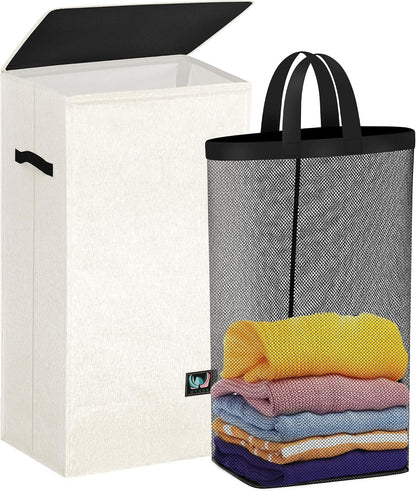 WTREE Laundry Hamper with Lid, Reinforced Sturdy Clothes Hamper with Anti-Puncture Base, Large Collapsible Laundry Basket with Removable Liner Bag, Tall Dirty Clothes Bin for Family, 100L Grey