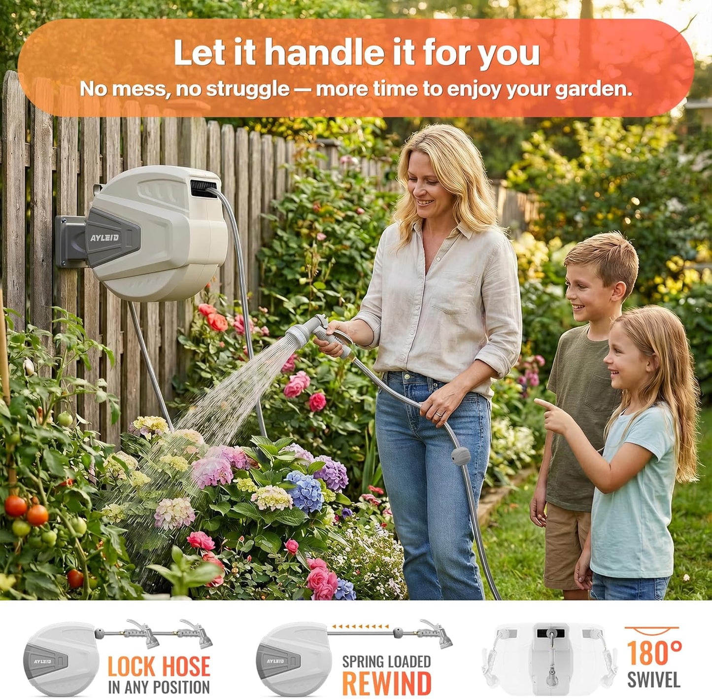 Ayleid Retractable Rubber Hybrid Garden Hose Reel, 1/2"x100ft Wall Mount | Anti-freeze, kink-free premium rubber hybrid hose, 24-month warranty, 9-pattern sprayer, any-length lock, slow auto-return.