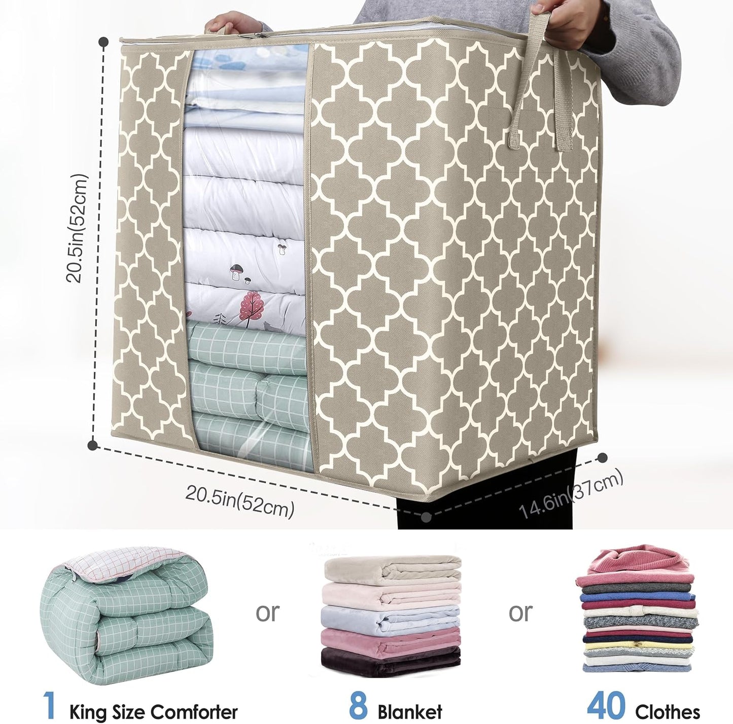 WISELIFE Storage Bags 3 Pack/100L Large Blanket Clothes Organization and Storage Containers for Comforters,Bedding, Foldable Organizer with Reinforced Handle, Clear Window, Sturdy Zippers,Gray
