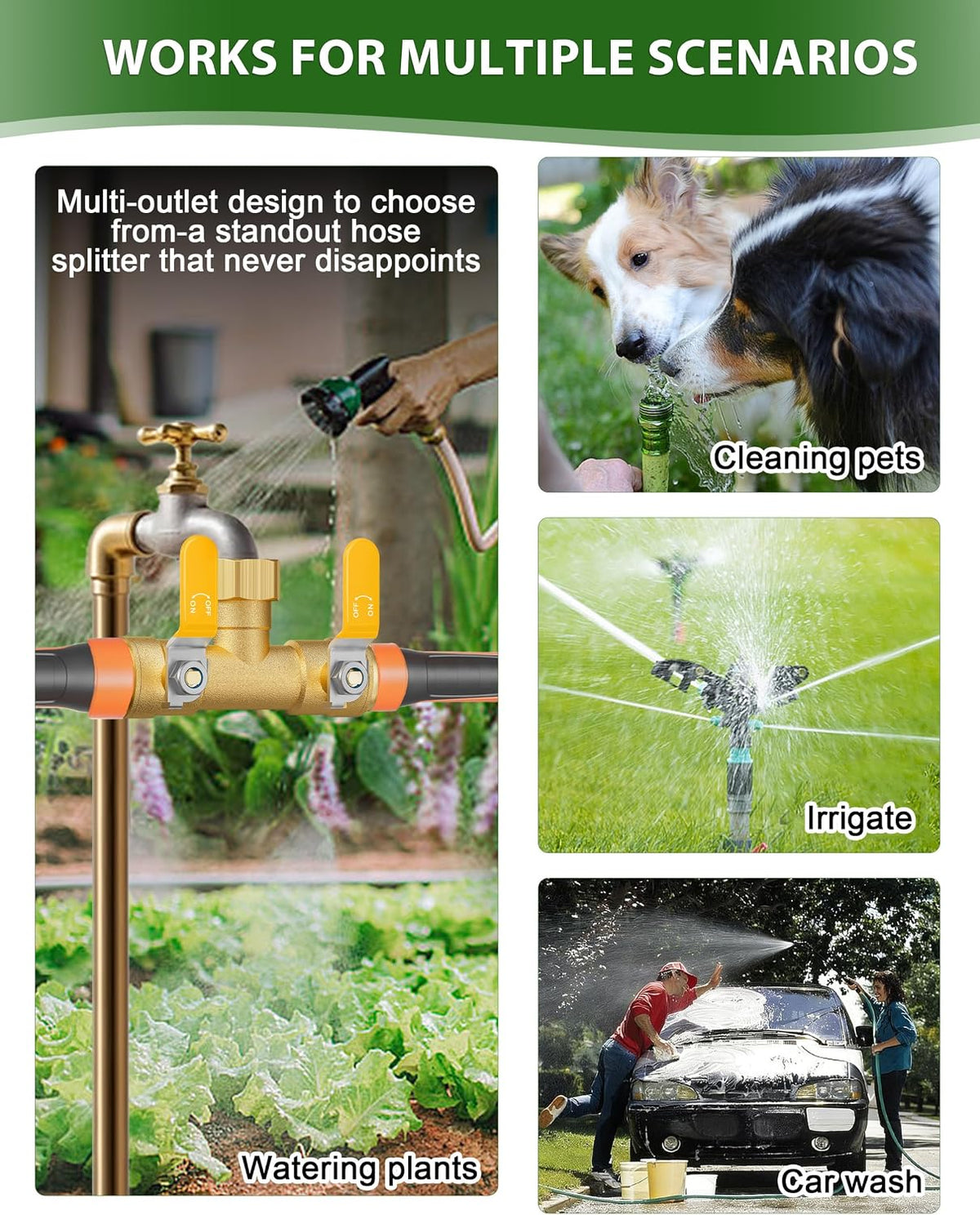 Hose Splitter 2 Way, Heavy Duty Brass Garden Hose Splitter, Water Hose Bib Spigot Splitter with 0.59" Full Flow Ball Valve Outlet & Shut-Off Valve 3/4'' Connector Outdoor Water Faucet Adapter