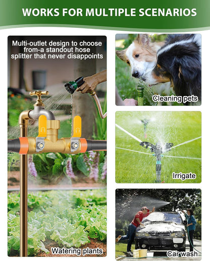Hose Splitter 2 Way, Heavy Duty Brass Garden Hose Splitter, Water Hose Bib Spigot Splitter with 0.59" Full Flow Ball Valve Outlet & Shut-Off Valve 3/4'' Connector Outdoor Water Faucet Adapter