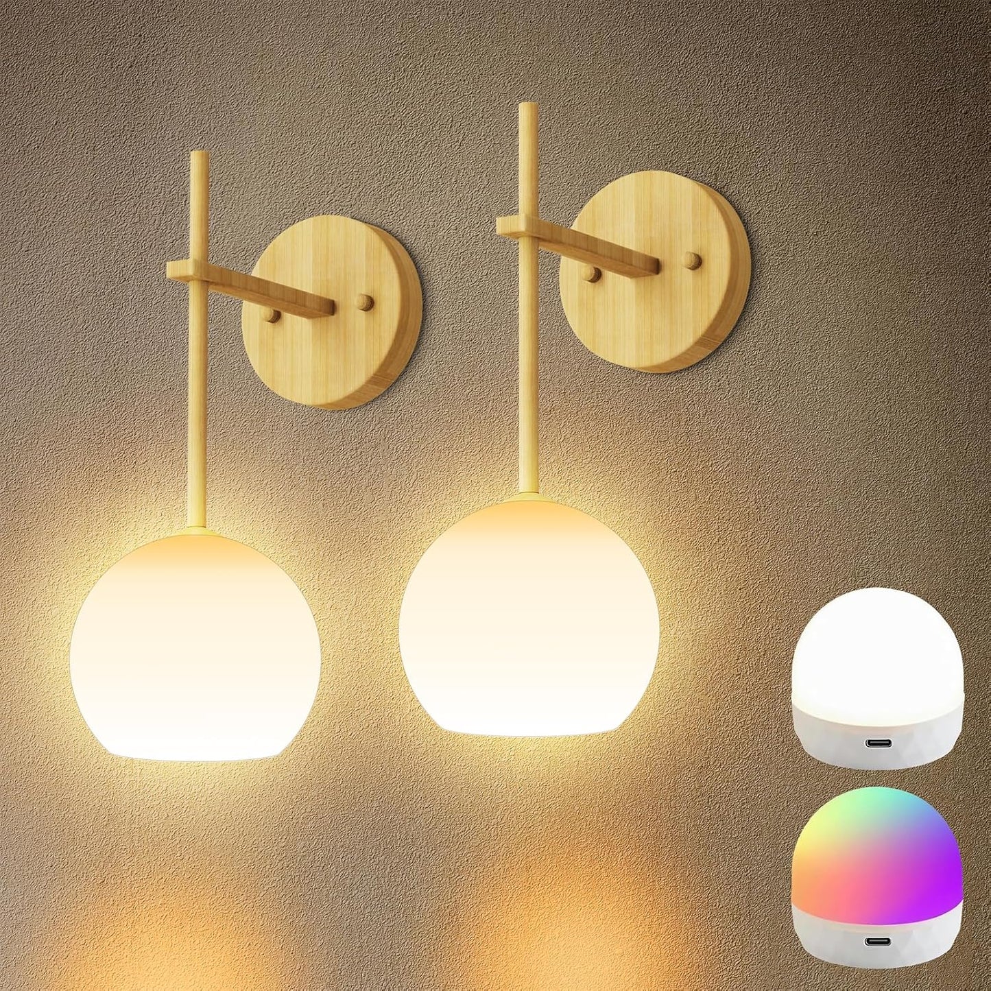 Brass Battery Operated Wall Sconces Set of 2, Rechargeable Wireless Wall Lights with Milky White Frosted Glass, 12 RGB and 3CCT Dimmable, Wall Lamps with Remote for Bedroom Living Room Hallway