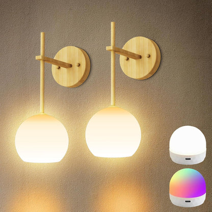 Brass Battery Operated Wall Sconces Set of 2, Rechargeable Wireless Wall Lights with Milky White Frosted Glass, 12 RGB and 3CCT Dimmable, Wall Lamps with Remote for Bedroom Living Room Hallway