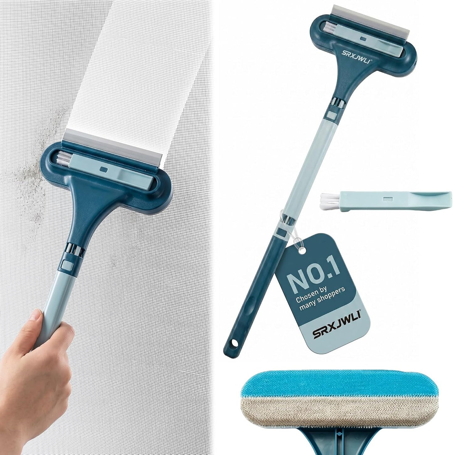 Window Screen Cleaner Tool Outdoor Mesh Cleaning Brush Full Crystal Glass Door LCD Track Hose Washer Windshield Clean 2-in-1 Multi-Purpose Double-Sided Kit with Vacuum Squeegee Handle(Blue)