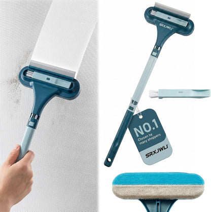 Window Screen Cleaner Tool Outdoor Mesh Cleaning Brush Full Crystal Glass Door LCD Track Hose Washer Windshield Clean 2-in-1 Multi-Purpose Double-Sided Kit with Vacuum Squeegee Handle(Blue)
