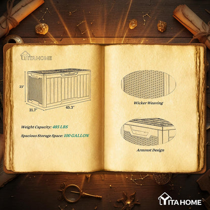 YITAHOME 100 Gallon Large Outdoor Deck Box | Waterproof Resin Storage Box, Lockable Indoor Outdoor Storage Container for Patio Furniture Cushions, Pool Accessories