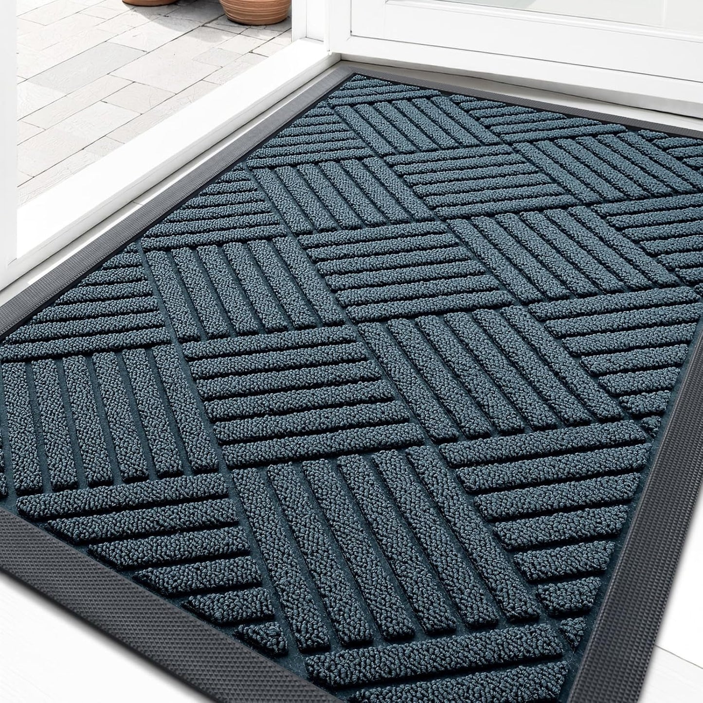 OLANLY Front Door Mat Outside Entrance 29.5x17, Absorbent, Heavy Duty Sturdy Natural Rubber Doormat Indoor Outdoor, Stain and Fade Resistant, Non-Slip Low Profile Floor Mat for Entryway, Grey Diamond