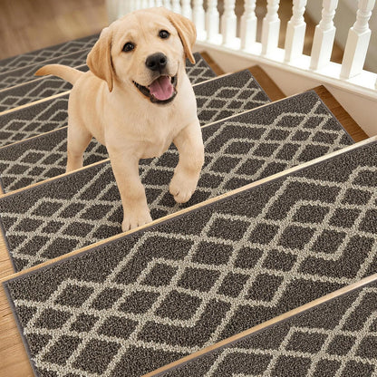 COSY HOMEER Soft Stair Treads Non-Slip Carpet Mat 28inX9in Indoor Stair Runners for Wooden Steps,Stair Rugs for Kids and Dogs, 100% Polyester TPE Backing 7pcs,Black,Rhombus