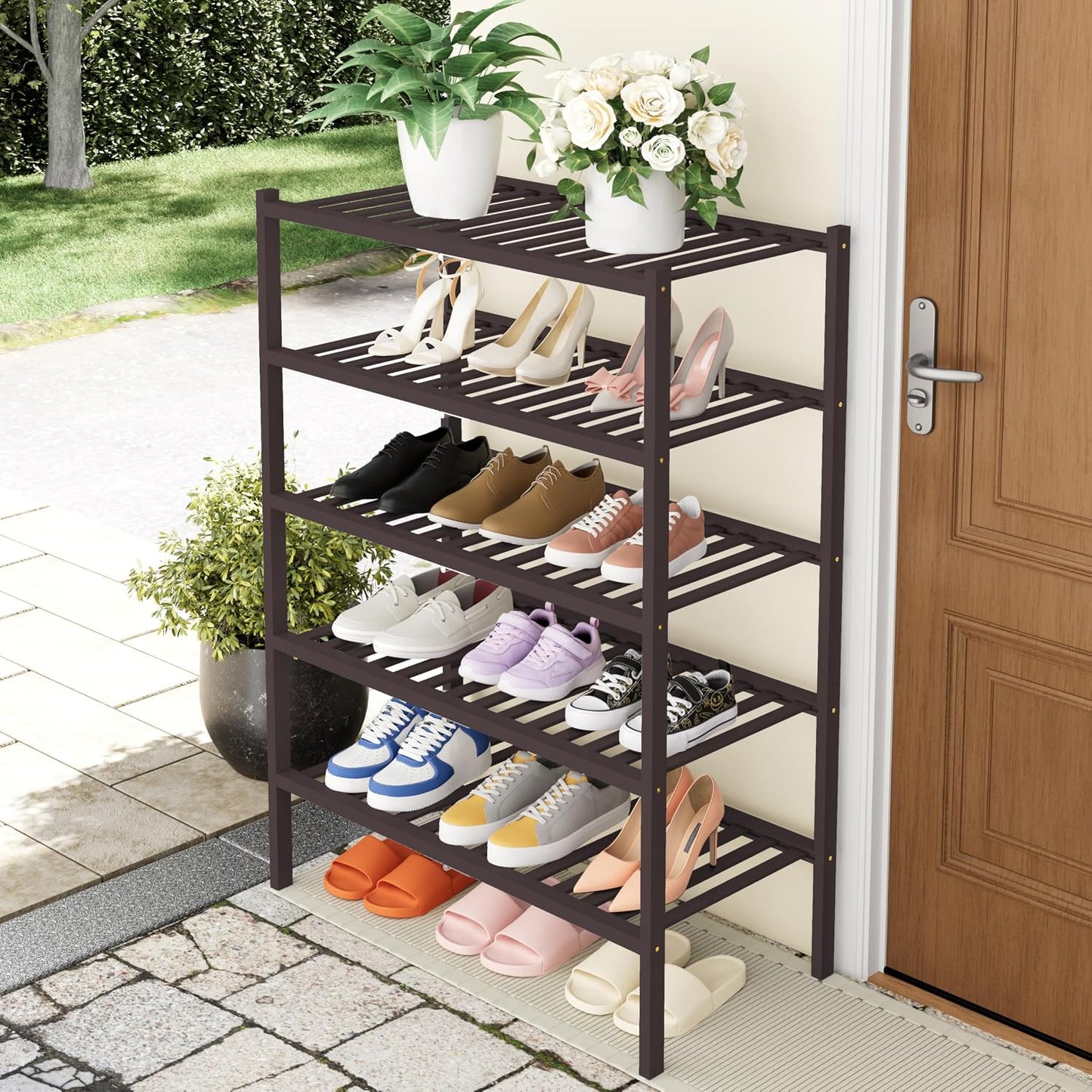 Smiry Bamboo Shoe Rack, 3 Tier Free Standing Wooden Shoe Organizer, Stackable Wood Shoe Storage Shelf for Closet, Entryway, 12 Vertical Slats, 2+1 Stack Standard Legs, 26.8"x11"x19.5", Natural
