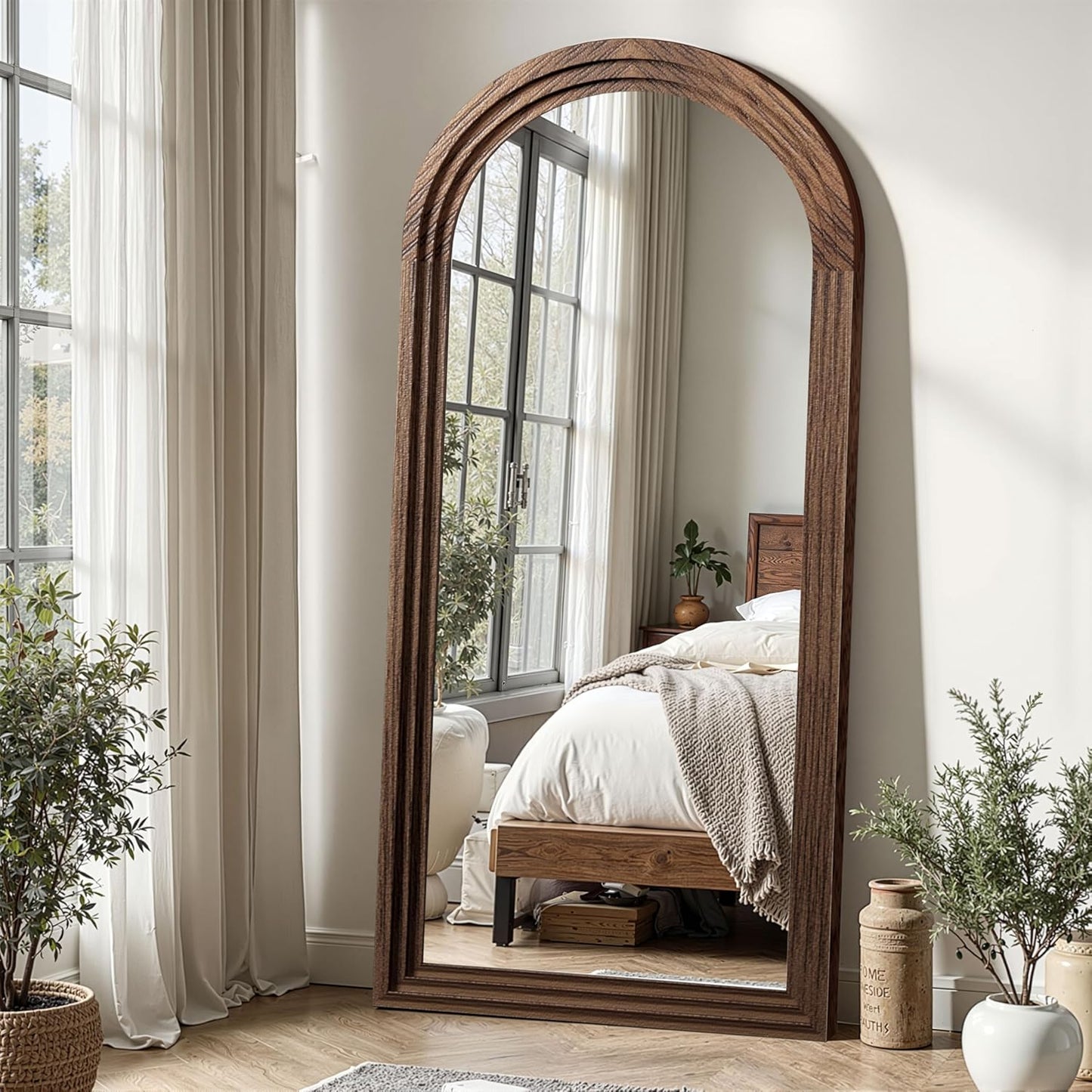 Delma Arched Full Length Floor Mirror with Stand, 75x35 Rustic Farmhouse Solid Wood Frame Wall Mirror for Bedroom, Living Room, Vertical Hanging & Standing(Brown)