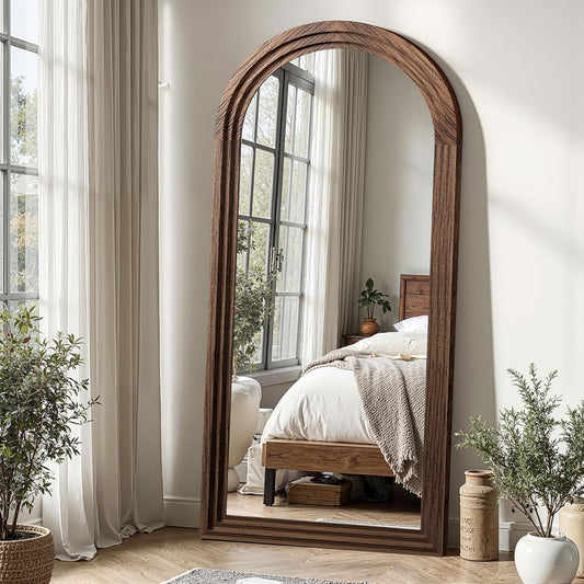 Delma Arched Full Length Floor Mirror with Stand, 75x35 Rustic Farmhouse Solid Wood Frame Wall Mirror for Bedroom, Living Room, Vertical Hanging & Standing(Brown)