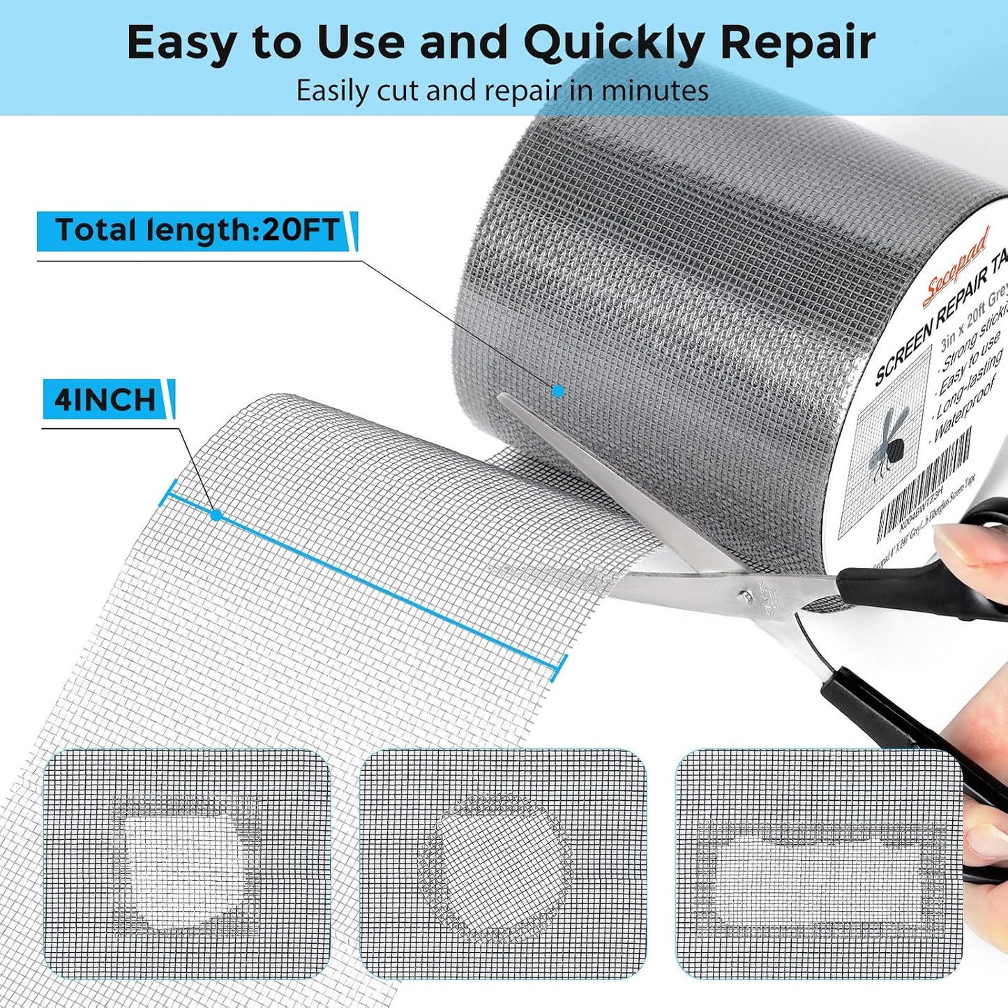 Secopad Grey Window Screen Repair Tape, 2IN X 15FT (180IN) Screen Repair Kit for Windows or Doors, Strong Adhesive Patch Kit Fiberglass Mesh Tape
