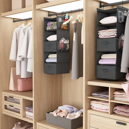 MAX Houser 4-Shelf Hanging Closet Organizer, Space Saver, Cloth Hanging Shelves with 2 Side Pockets, Foldable (Beige)