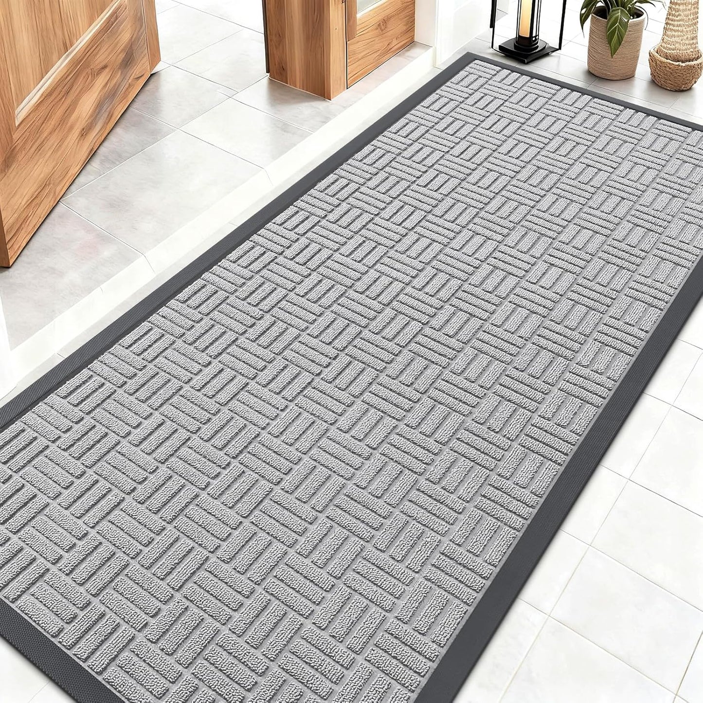 OLANLY Front Door Mat Outside Entrance 29.5x17, Absorbent, Heavy Duty Sturdy Natural Rubber Doormat Indoor Outdoor, Stain and Fade Resistant, Non-Slip Backing Low Profile Floor Mat for Entryway, Grey