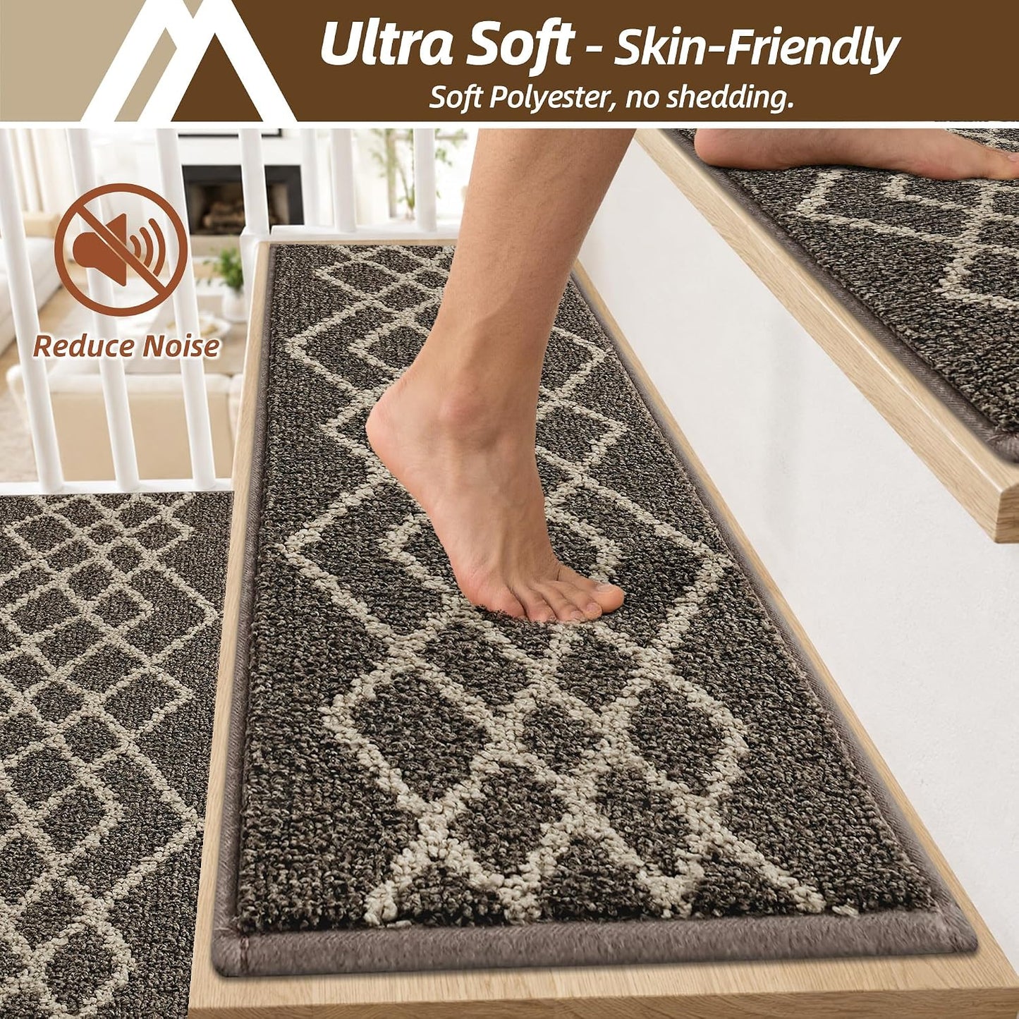 COSY HOMEER Soft Stair Treads Non-Slip Carpet Mat 28inX9in Indoor Stair Runners for Wooden Steps,Stair Rugs for Kids and Dogs, 100% Polyester TPE Backing 7pcs,Black,Rhombus