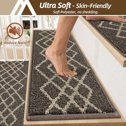 COSY HOMEER Soft Stair Treads Non-Slip Carpet Mat 28inX9in Indoor Stair Runners for Wooden Steps,Stair Rugs for Kids and Dogs, 100% Polyester TPE Backing 7pcs,Black,Rhombus