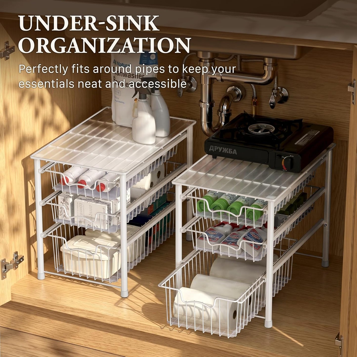 Simple Houseware Stackable 2 Tier Sliding Basket Organizer Drawer, Chrome