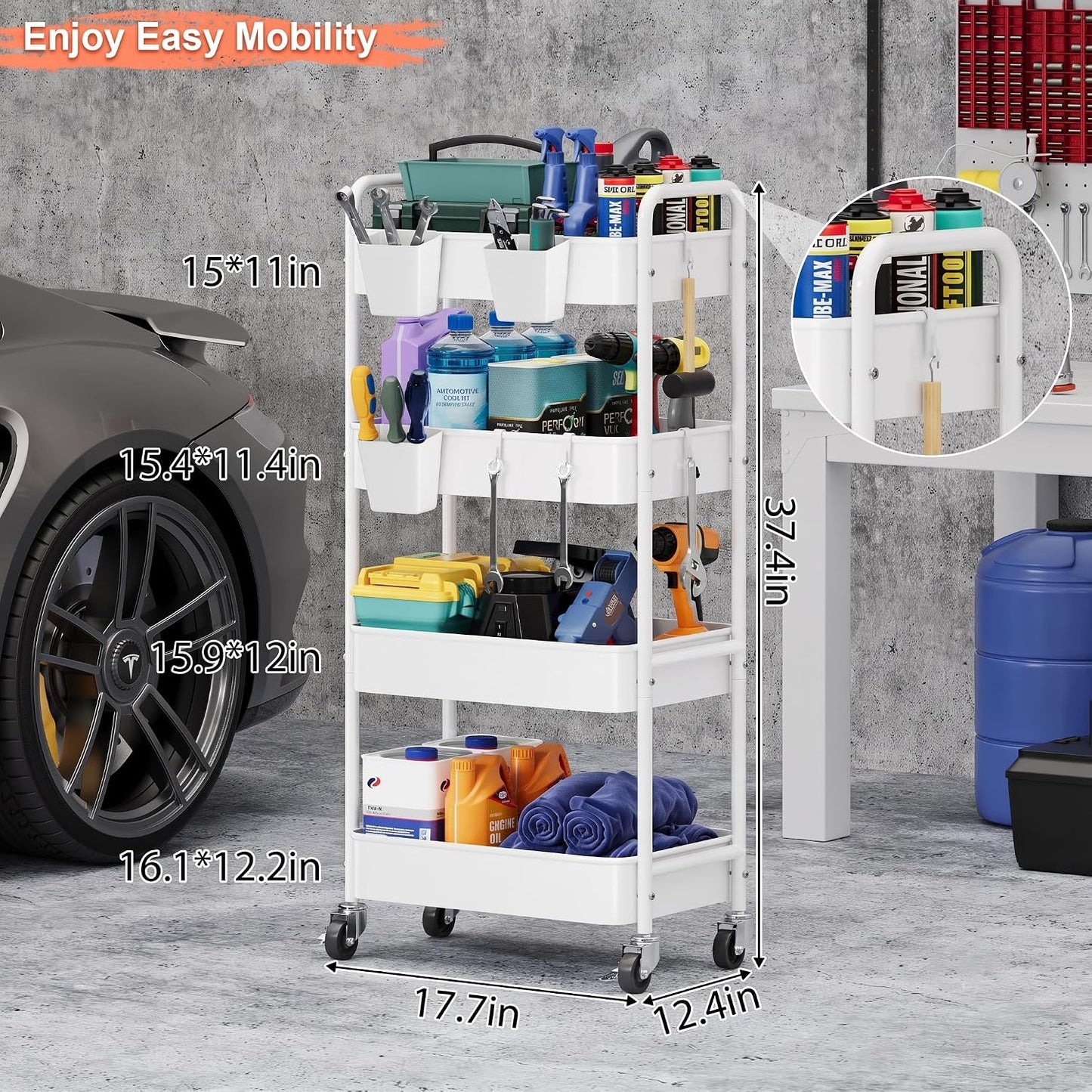 2 Tier Small Rolling Cart Metal with Wheels, White Under Desk Storage Cart on Wheels, Short Utility Roller Caddy Carts Organizer for Art,Craft,Pantry,Bathroom, Two Tiered Shelf Trolley,22 Inches Tall