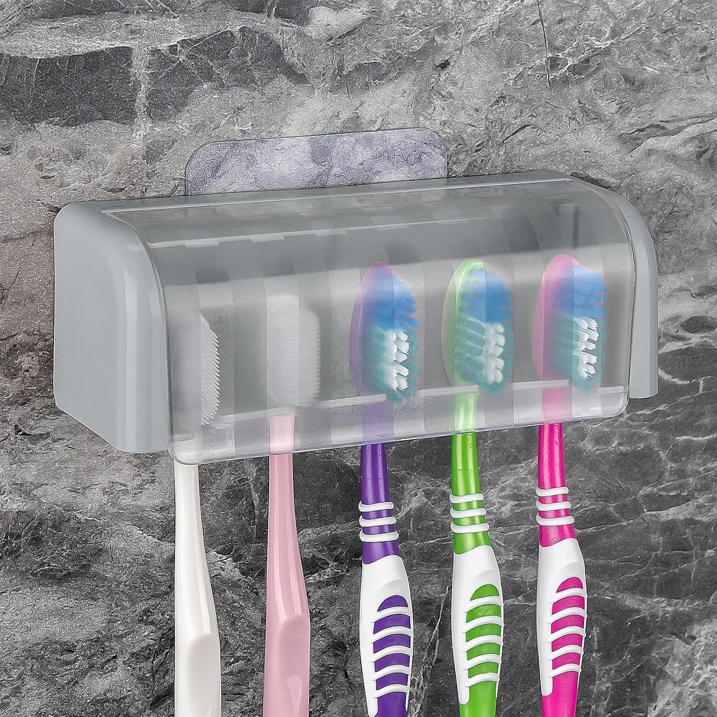 5 Slots Wall Mount Toothbrush Holder with Cover, Self Adhesive Toothbrush Storage Organizer for Shower, Toothbrush Hanger with Automatic Toothpaste Squeezer Dispenser