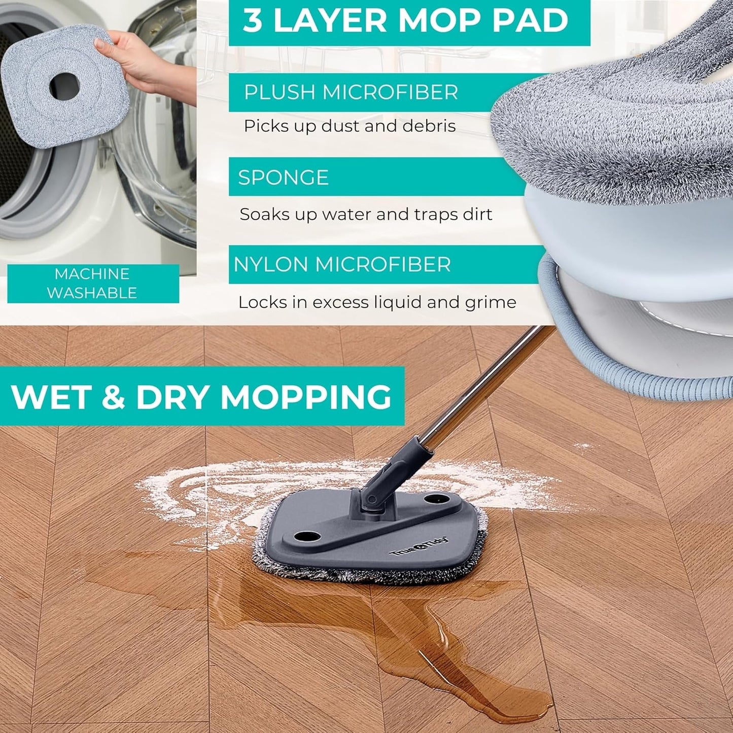 True & Tidy True Clean Spin Mop & Bucket System – Dual Compartment Design for Clean & Dirty Water, 360° Swivel Mop Head, Built-in Scrubbing Brush, Stainless Steel Handle & 2 Reusable Microfiber Pads