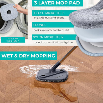 True & Tidy True Clean Spin Mop & Bucket System – Dual Compartment Design for Clean & Dirty Water, 360° Swivel Mop Head, Built-in Scrubbing Brush, Stainless Steel Handle & 2 Reusable Microfiber Pads