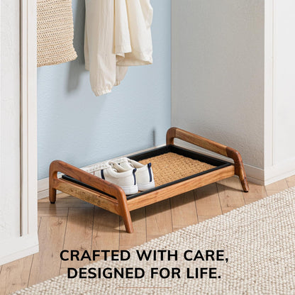 Anji Mountain Heavy Duty Waterproof Wooden Shoe Storage Mat Organizer/Boot Storage Tray Multi Use for Entryway with Coir, Tan Rectangle Embossed Insert, 1 Tier, Fits 2 Pair (26.5" Wide)