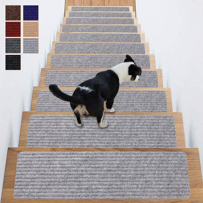 Stair Treads Non-Slip 16 Pack 8"x30" - Carpet Stair Runner for Indoor Wooden Steps with TPE Backing & Anti-Skid Surface, Reusable Adhesive Safety Rug for Kids/Elder/Pet-Friendly - Brown