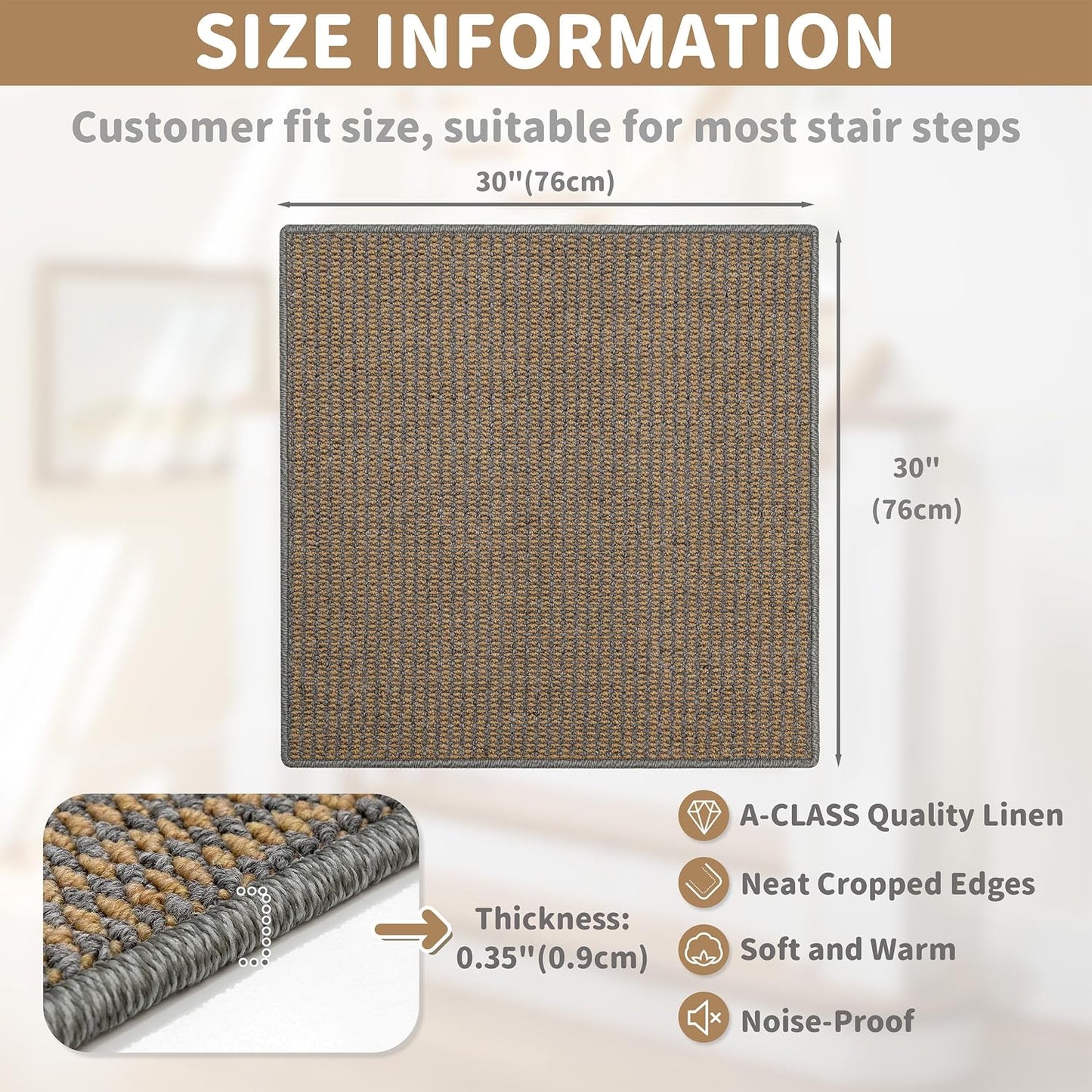 Brakki Bullnose Carpet Stair Treads, Non Slip Stair Treads for Wooden Steps Indoor, Stair Runner, Soft Stair Rugs, Edging Stair Protectors, Washable, 29.5"x9.5"x1.5" 14pcs, Beige