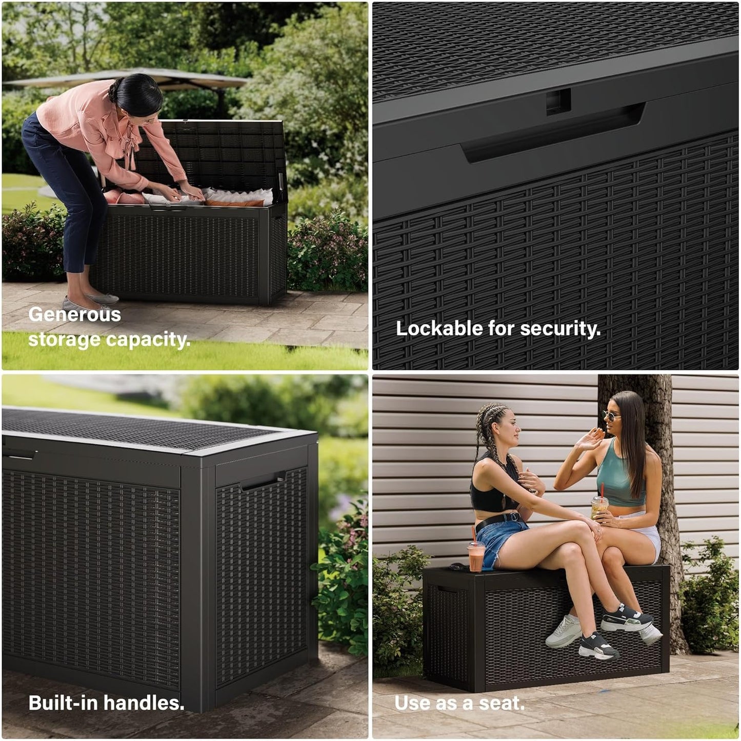 TARKARI 275 Gallon Resin Deck Box, Waterproof Outdoor Storage Box, Lockable for Patio Furniture, Garden Tools, Pool Accessories, UV-Resistant for All Weather Use, Black
