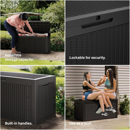 200 Gallon Resin Deck Box, Waterproof Outdoor Storage Bin for Patio Furniture, Pool Accessories, and Garden Tools, Lockable & UV-Resistant, Grey