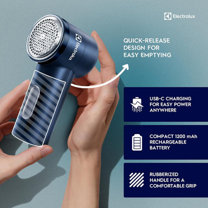 Electrolux Rechargeable Fabric Shaver | Compact Travel Lint Remover for Clothes & Furniture | Eliminates Fuzz & Pilling | 3-Speed Electric Lint Shaver with Type-C Fast Charging Port - Blue