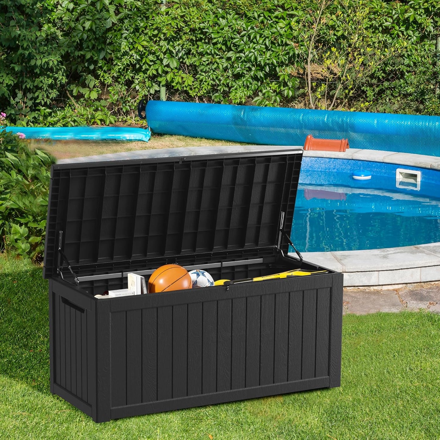 Outdoor Storage Box 325GAL Waterproof Resin Deck Box,Pool Accessories Supplies，UV-Resistant Lockable Package Delivery Bin for Garden Tools,Large Patio Outside Cushions,Chest,Furniture,Black