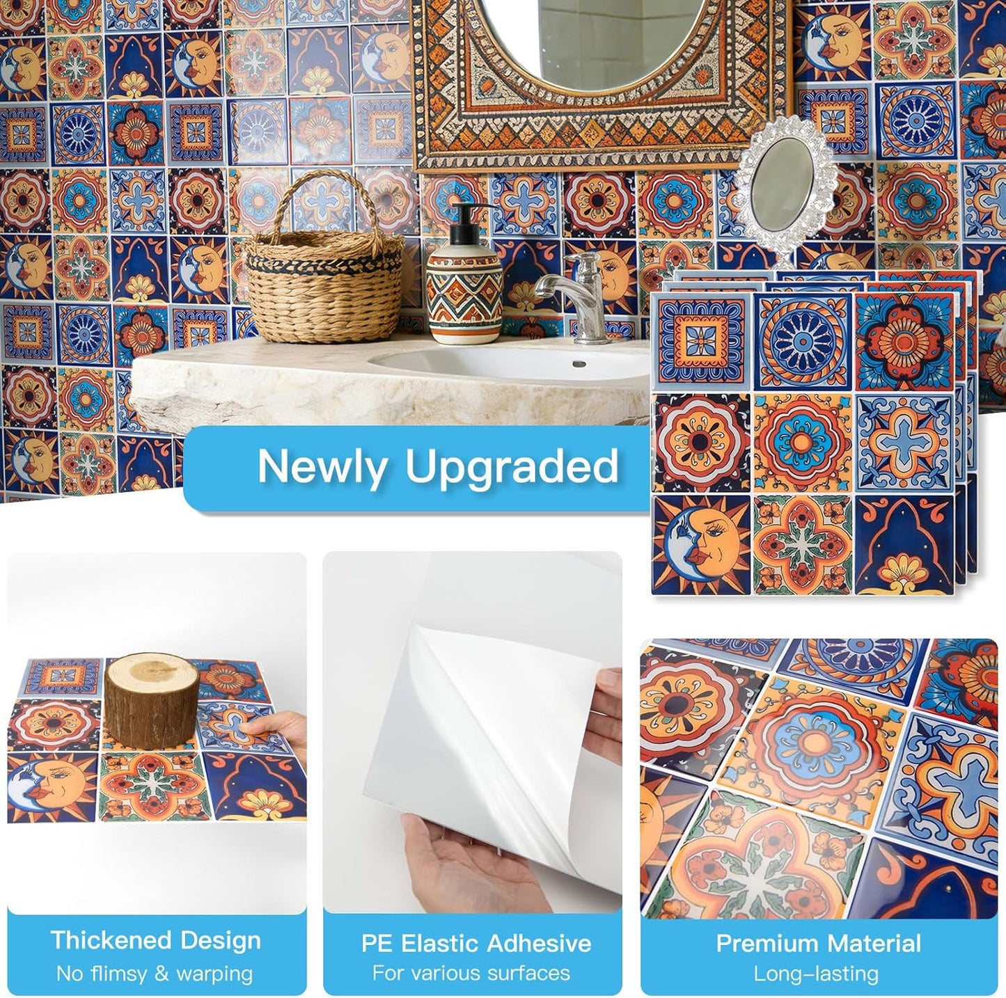 Art3d Talavera Hand-painted Waterproof Peel and Stick Backsplash Tile for Kitchen & Living Room, Sun & Moon Floral Design - 10-Pack of 12 x 12 Inch
