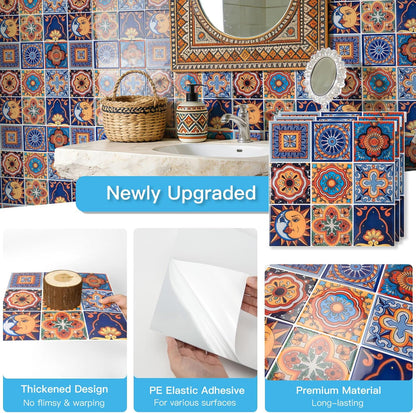 Art3d Talavera Hand-painted Waterproof Peel and Stick Backsplash Tile for Kitchen & Living Room, Sun & Moon Floral Design - 10-Pack of 12 x 12 Inch