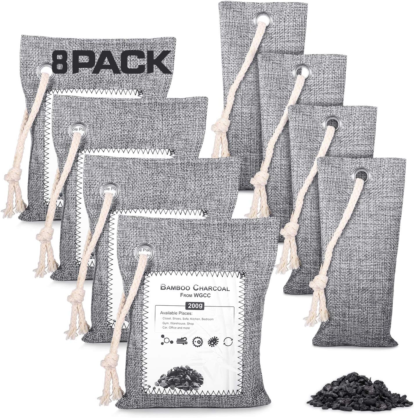 WGCC Bamboo Charcoal Air Purifying Bag 8 Pack, Activated Charcoal Bags Odor Absorber, Natural Car Air Freshener, Moisture Absorber for Closet, Shoe, Car, large Room, Pet Safe (4x75g, 4x200g)