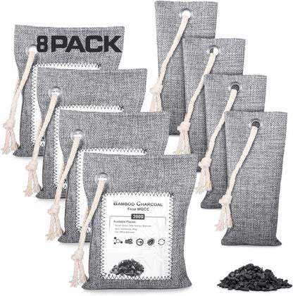 WGCC Bamboo Charcoal Air Purifying Bag 8 Pack, Activated Charcoal Bags Odor Absorber, Natural Car Air Freshener, Moisture Absorber for Closet, Shoe, Car, large Room, Pet Safe (4x75g, 4x200g)
