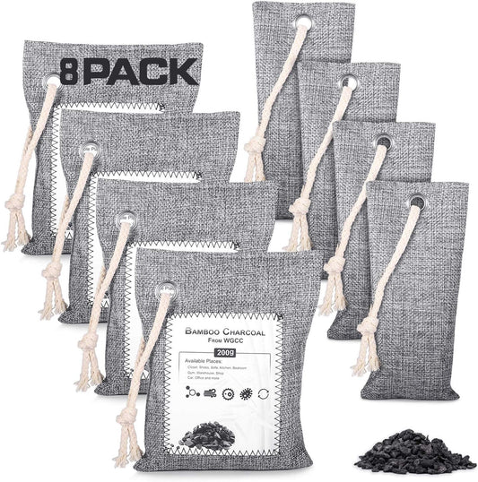 WGCC Bamboo Charcoal Air Purifying Bag 8 Pack, Activated Charcoal Bags Odor Absorber, Natural Car Air Freshener, Moisture Absorber for Closet, Shoe, Car, large Room, Pet Safe (4x75g, 4x200g)